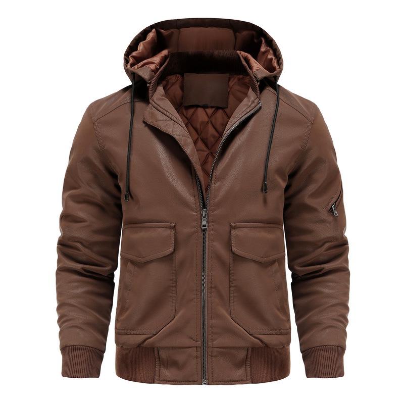 Men's Trendy Loose Fit Multi-Pocket Leather Jacket with Hood (European Plus Size)