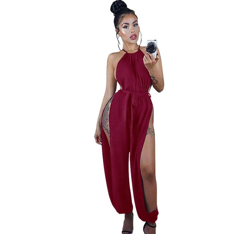 

O-Neck Belt Jumpsuit Sexy Lace Up Slim Rompers Jumpsuit Wine red S