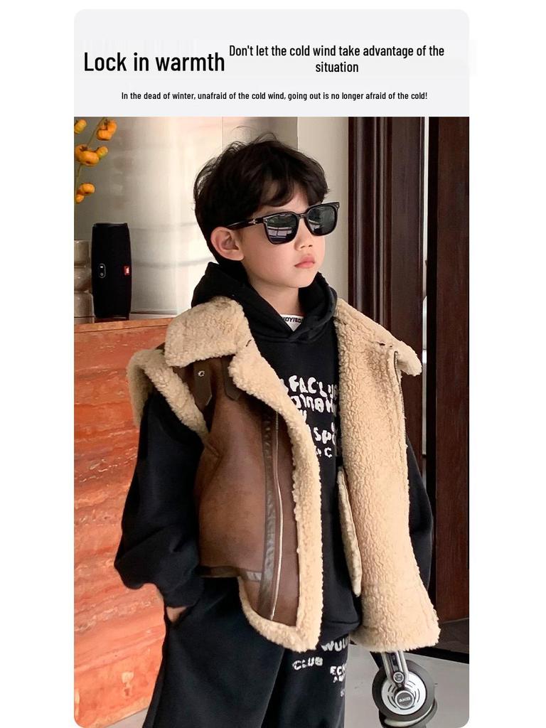 Boys' Retro Lambswool Vest - 2024 Winter Korean Style Warm Sleeveless Jacket for Small and Medium Children