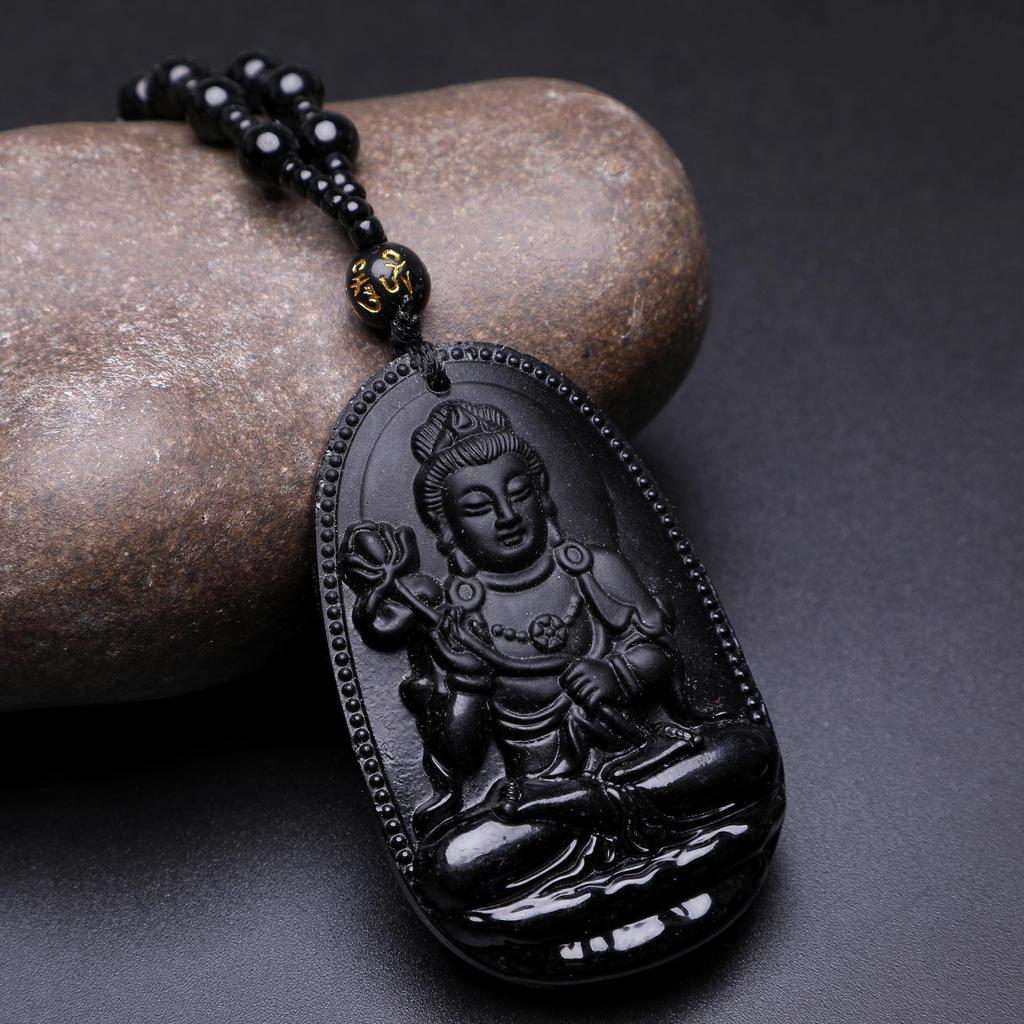 12 Zodiac Guardian Gods Black Obsidian Necklace with Guanyin Pendant
