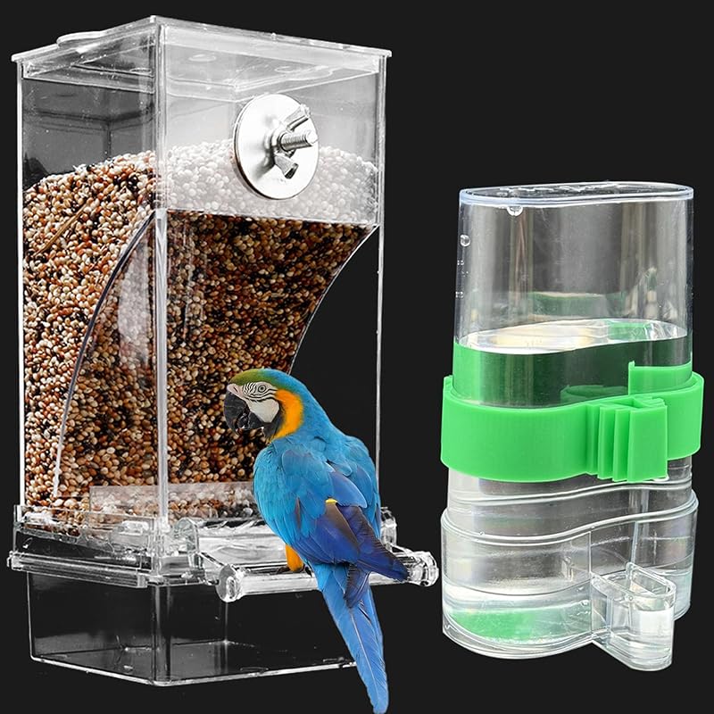 

No Mess Bird Feeder Water Dispenser Set, SHGNUY Automatic Transparent Parrot Feeder Acrylic Parrot Food Container Drinker Cage Accessories for Small 1 зелёный