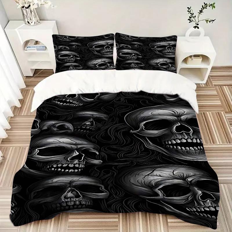 3pcs Skull Patterned Pillowcase Set - Includes One Quilt Cover and Two Pillowcases (No Core) - Home Decor, Festival Gift, Polyester Fabric, Anime Cart