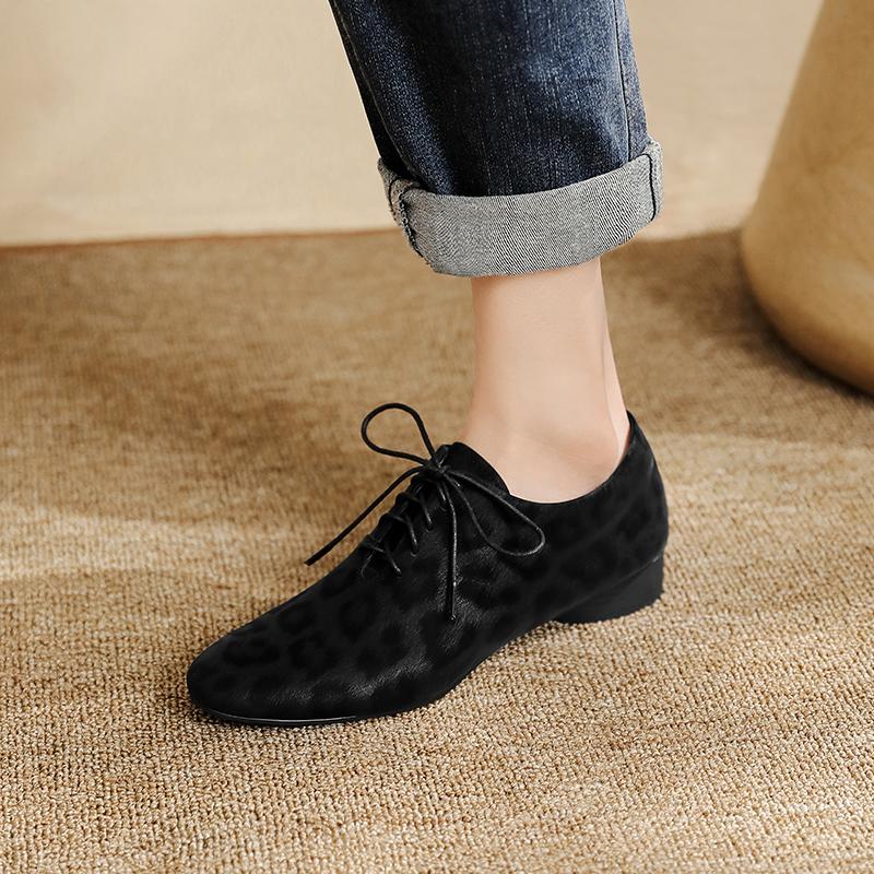 Moda 2025 Vintage Panterka Damskie Szpilki Wiosna Okrągły Nosek Grube Obcasy Dojrzałe Buty Kobieta Skóra Naturalna Sznurowane Podstawowe Biuro Pani