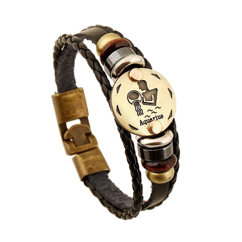 

Zodiac Sign Leather Bracelet Adjustable Braided Handmade Wristband with Metal Charm for Men and Women Casual Accessory One Size