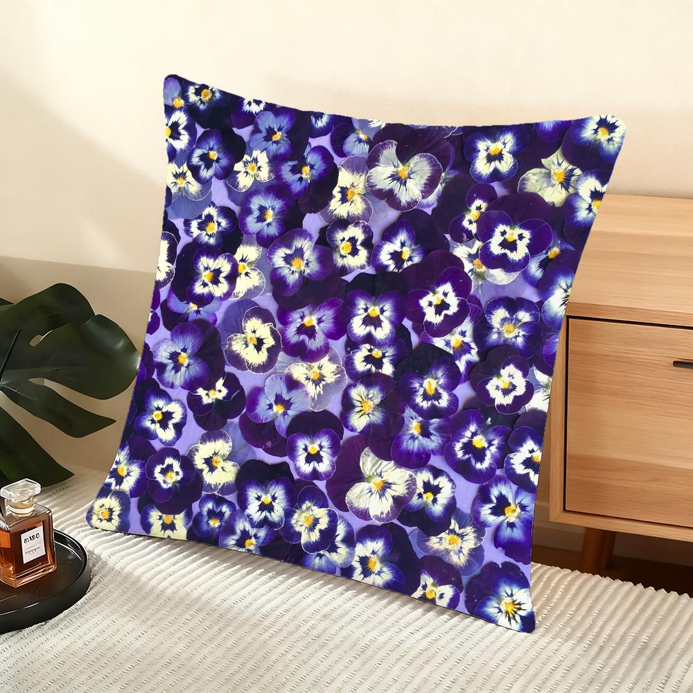 Pansy Mixture On Violet Cushion Cover Soft Short Plush Pillow Cover Smooth Cozy Texture Aesthetic Cushion Case Home Decor