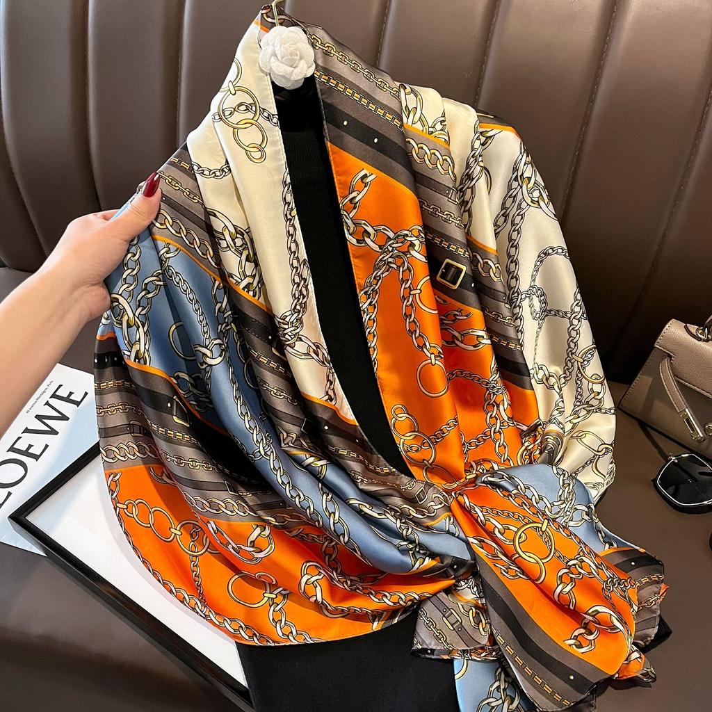 New Spring and Autumn Retro Floral Cranes Temperament Simulation Silk Large Long Scarf Sunscreen Outwear Shawl Female Silk Scarf