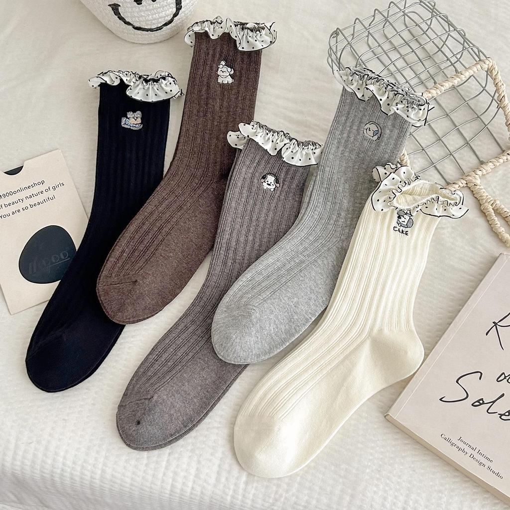 2025 Autumn Women's Mid-Calf Cotton Socks - Korean Cartoon Dog Embroidery with Lace Ruffle