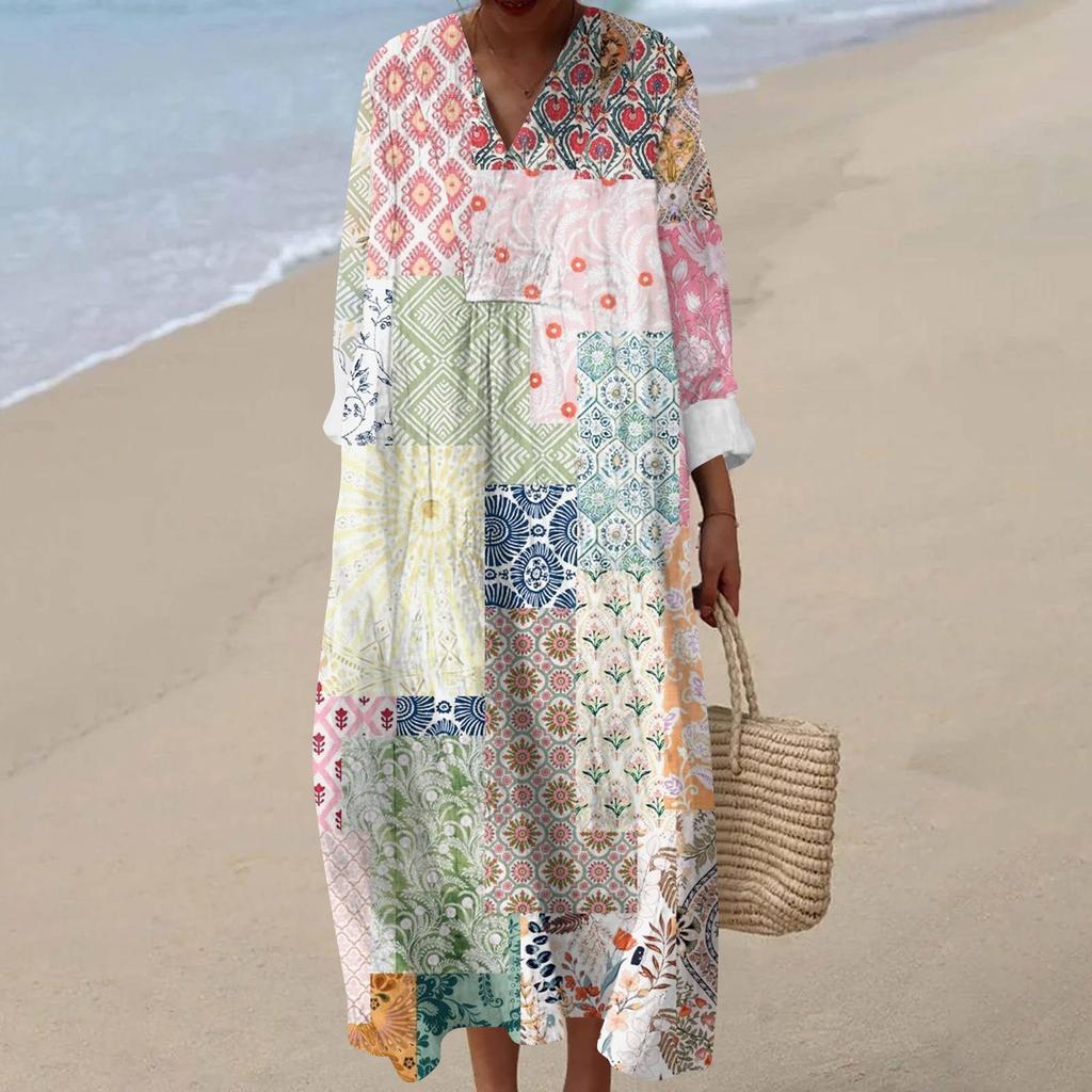 Women's Casual Fashion V-Neck Long Sleeve Floral Print Maxi Dress