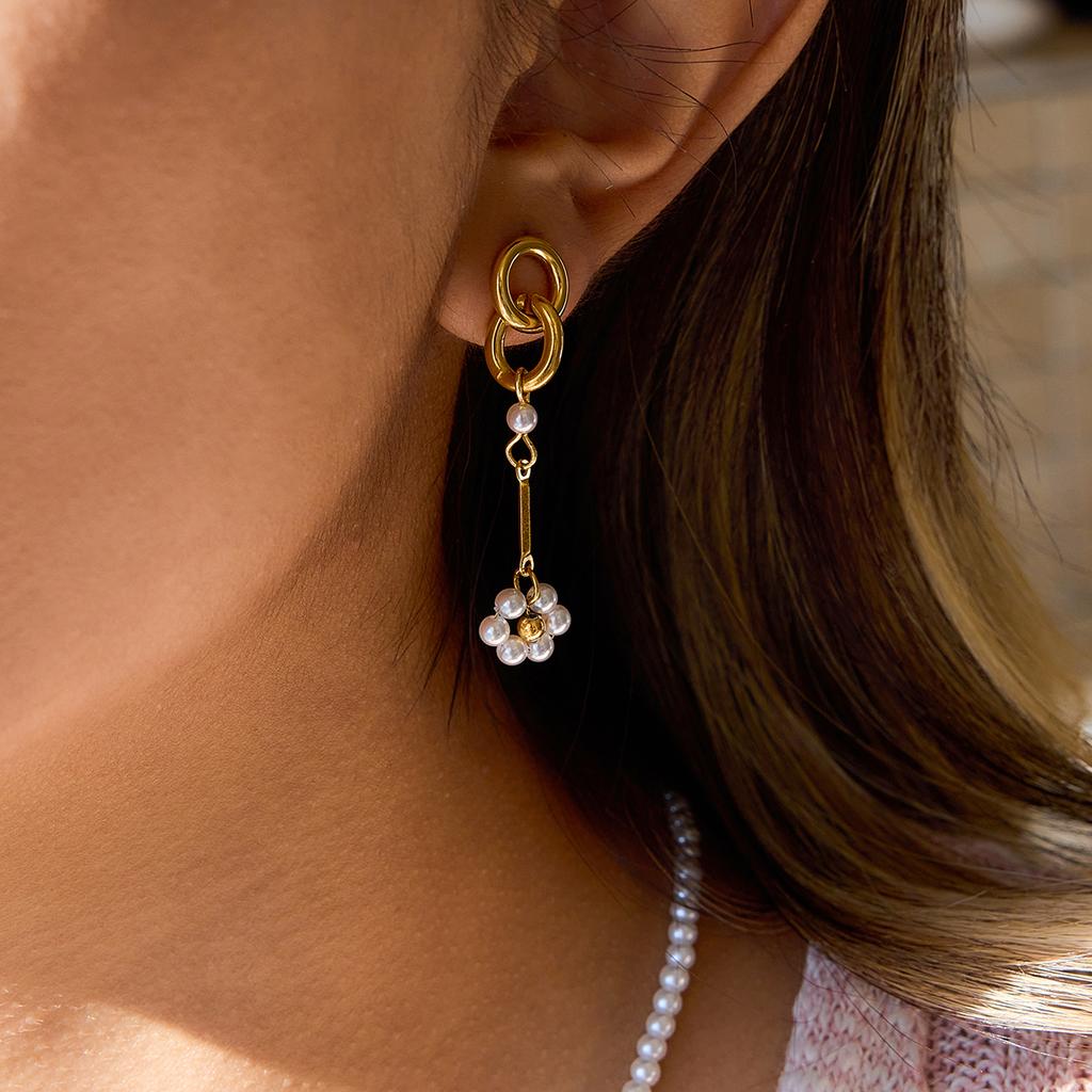Youthway Elegant Imitation Pearl Flower Drop Earrings For Women  Gold Plated Stainless Steel Earrings Simple Fashion Jewelry