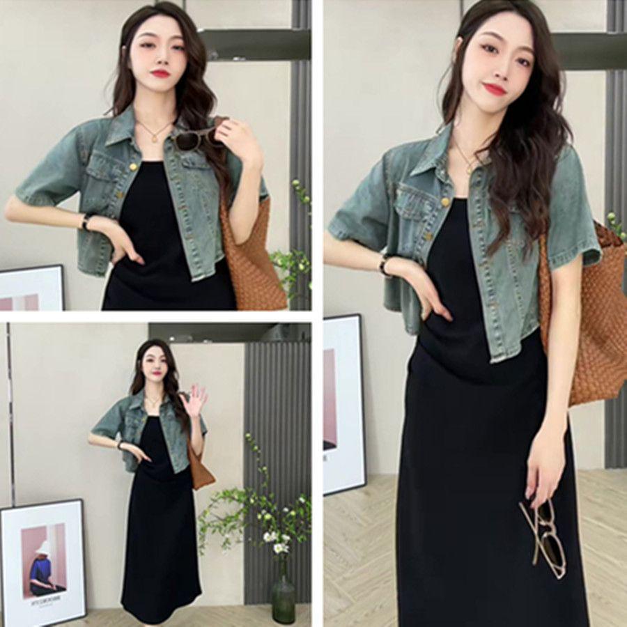 Women's Summer Retro Casual Suit: Short Sleeve Denim Jacket & Camisole Dress Set