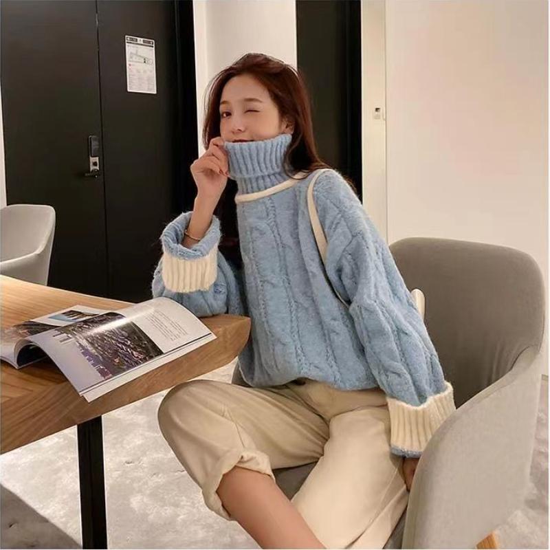 Japanese Sweet High Collar Twist Knit Sweater Autumn and Winter New Collision Color Casual Daily Sweater Female