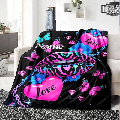 Name Love Lips Butterfly Home Customize Your Name Blankets Soft Comfortable Lightweight Multi Purpose For All Seasons Picnic Sofa Office Bed Living