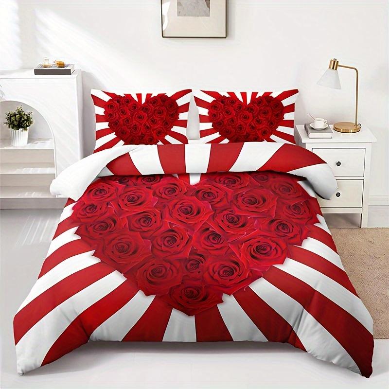 Rote Liebesrose Bettbezug-Set Weich und Bequem HD-Druck Bettwäsche-Set für Zuhause Studentenwohnheim Valentinstag Bettwäsche