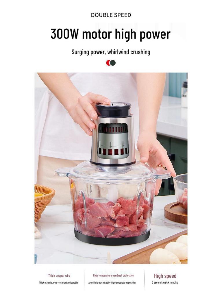 Moedor e Processador de Alimentos Elétrico Multifuncional de Aço Inoxidável para Picar, Misturar e Moer Carne, Alho e Vegetais.