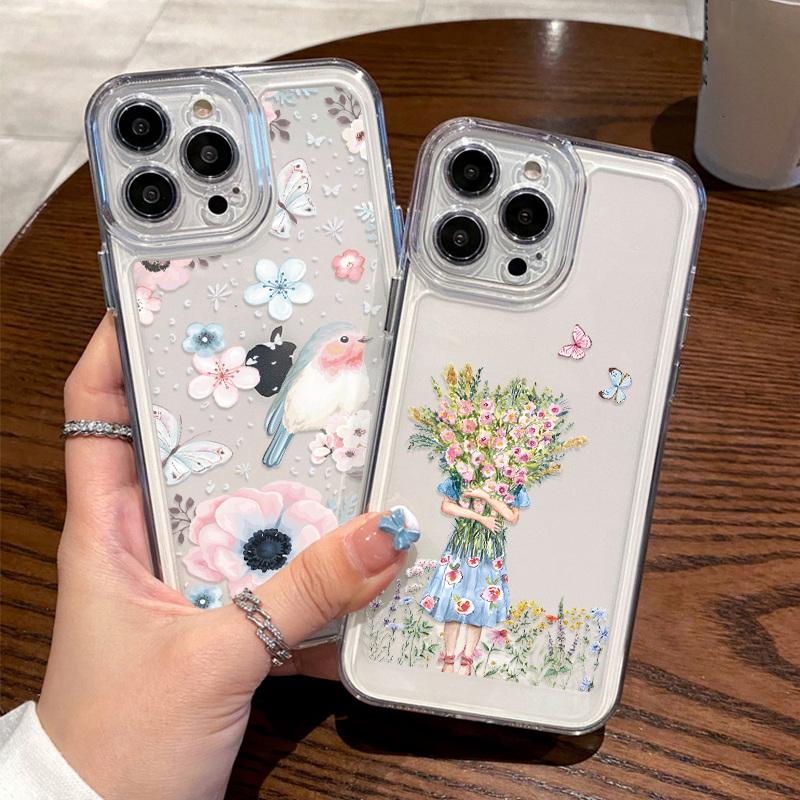 Fashion Floral Phone Case For Iphone 16 15 14 Pro Max 13 12 11 Shockproof Silicone Case Clear Cover