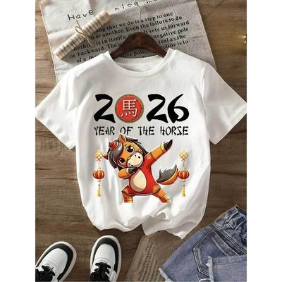 2026 Moe Ma Happy New Year Trendy Printed Letter Women's T-shirt Heavy Cotton Round Neck Four Seasons Versatile Casual Top