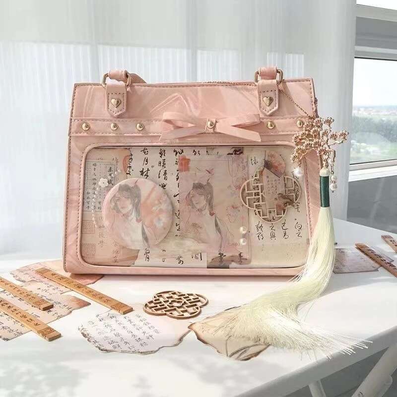 Y2k Women Vintage Ita Shoulder Bag Lolita Girl Transparent Pocket Fashion Aesthetic Crossbody Bags Cute Bow DIY Display Handbags