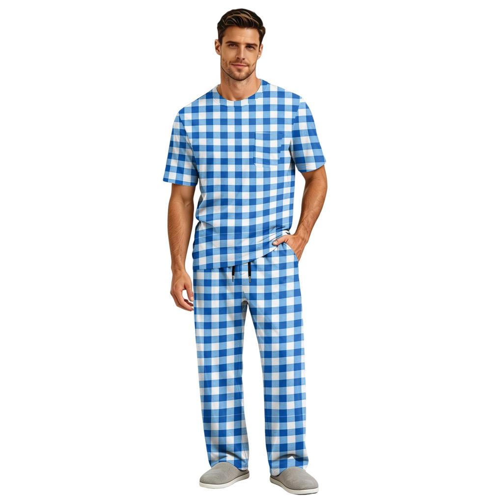 Men's Short Sleeve Pajama Set with Button Fly and Elastic Drawstring Waist for Home Loungewear