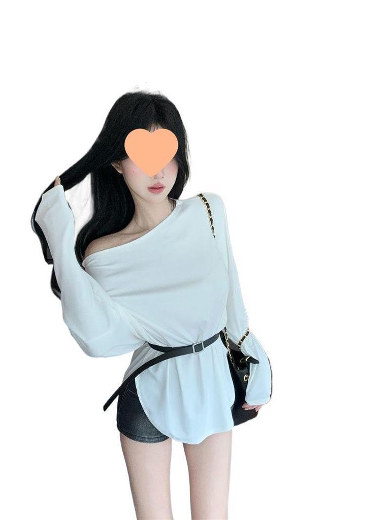 Korean Style One-Shoulder Long-Sleeve Women's T-Shirt, Slimming and Flattering Autumn Base Layer with Belt, Beautiful New Arrival