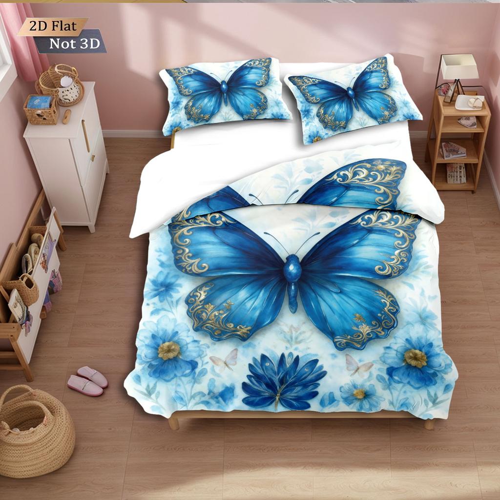 3pcs blue butterfly printed coreless bedding set, comfortable multi size bedroom and dormitory duvet covers, machine washable