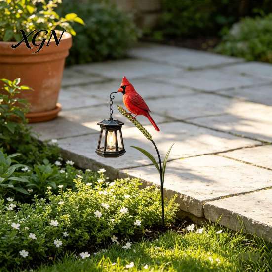 Colorful Hand Painted Garden Art Solar Light, Red Bird Lantern, Outdoor Stake Yard Decor, Unique Backyard Decorative Figurines Warm Glow Lantern