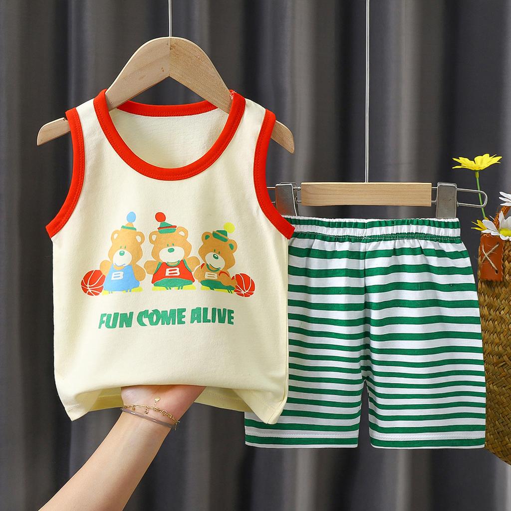 Summer Kids Non Sleeve O Neck Vest Pants Set Casual Baggy 2pcs Suit Cotton Cartoon Printes Outfit