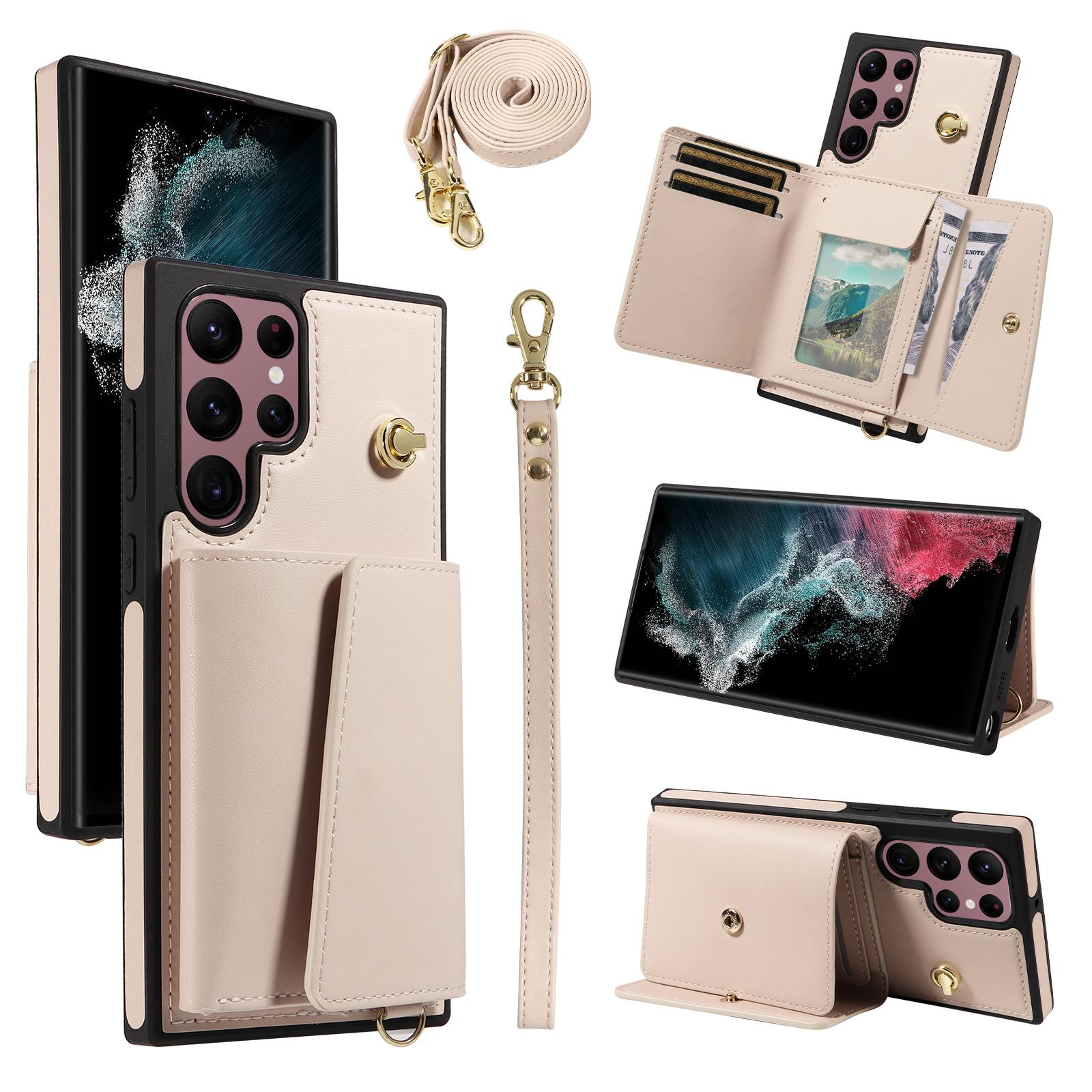 

Чехол-кроссбоди для телефона Samsung Galaxy S22 Ultra 5G с держателем для карт, подставкой, покрытый кожей, ТПУ-чехол для мобильного телефона Beige