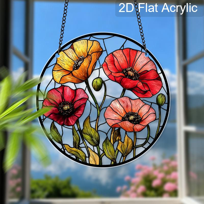 Acrylic Poppy Flower Suncatcher Stained Glass Effect Window Hanging Ornament Floral Themed Gift for Home