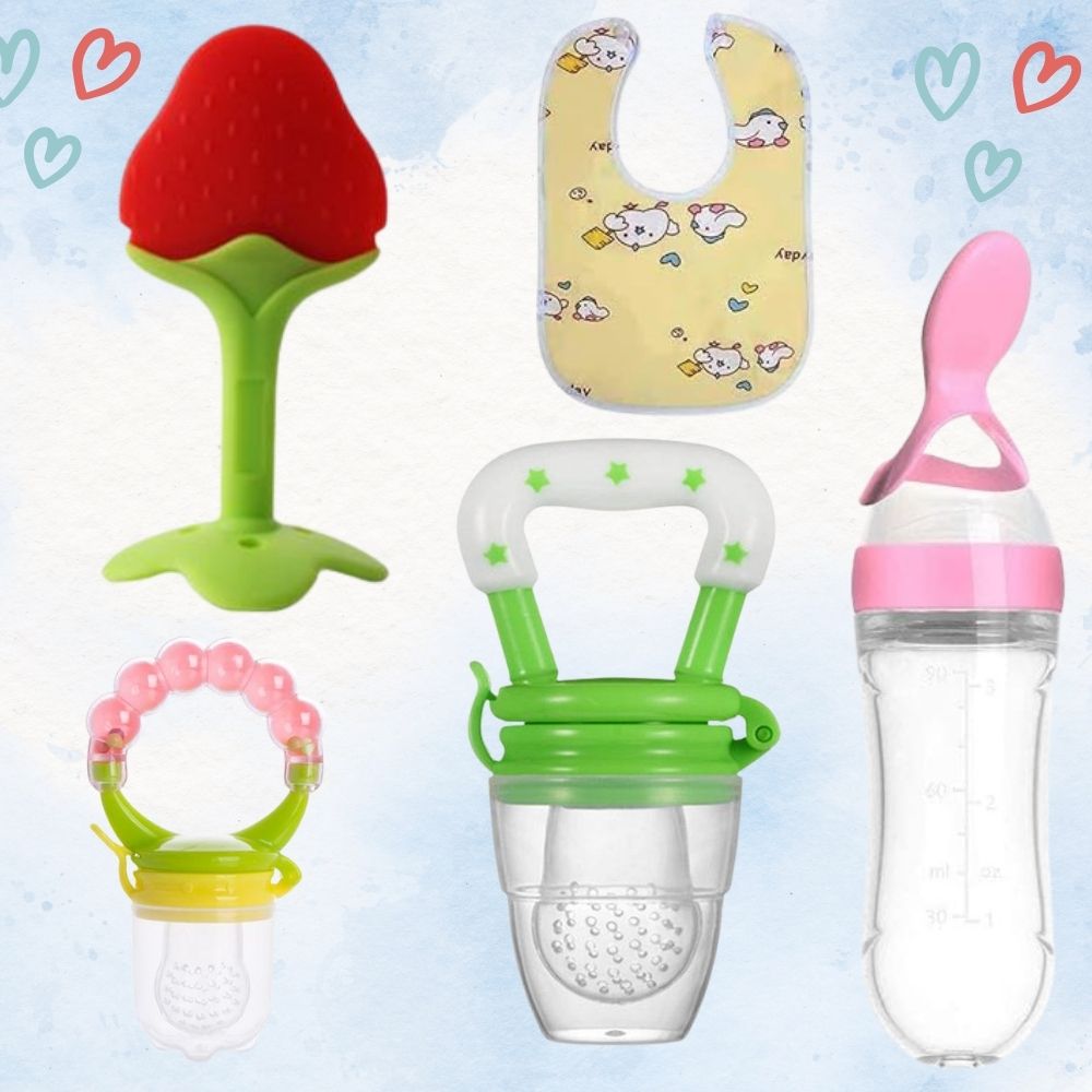Baby Feeding & Play Combo – Teether, Rattle, Fruit Feeder, Bib & Spoon Feeder Bottle (Pack of 5)