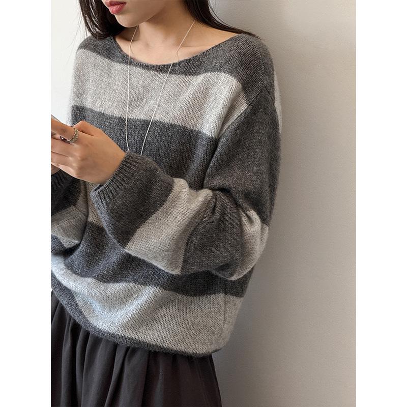 Youge Autumn Korean Striped Loose Sweater - Round Neck Pullover