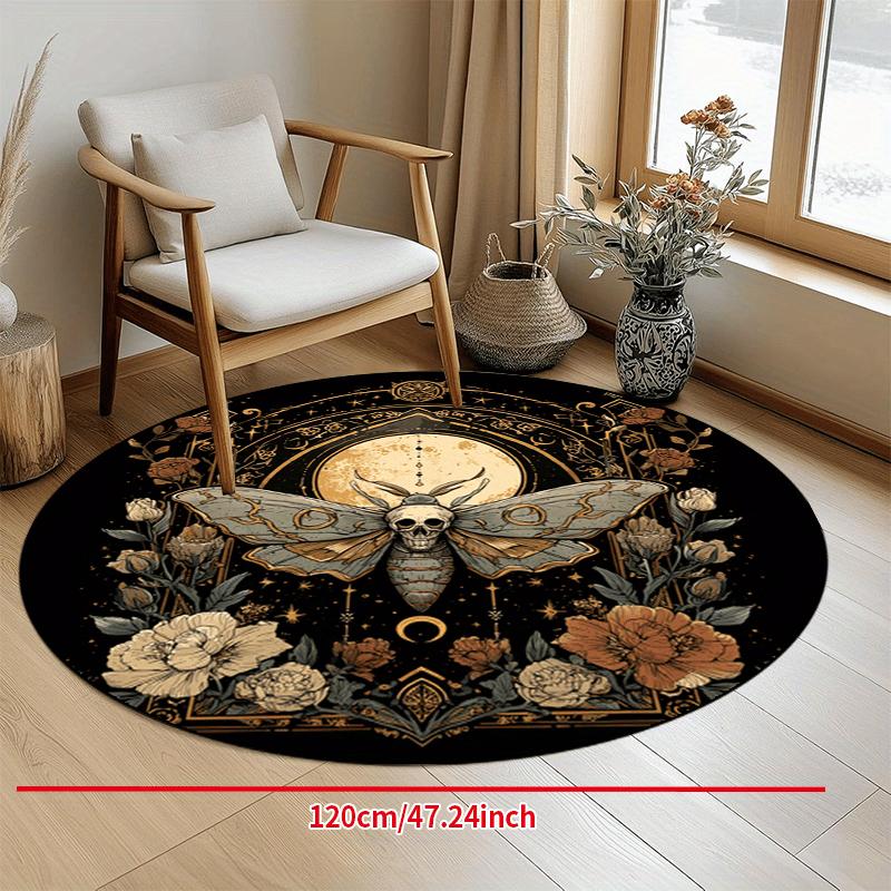 Round Mosaic Flower Rug Vintage Glass Floral Golden Art Print Home for Artistic Luxury Living Room Decorative Beautification