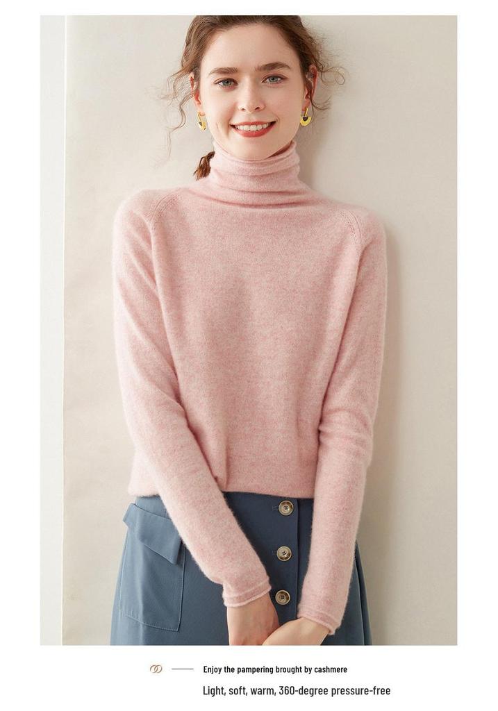 Women's Cashmere Sweater: Rolled Hem, Pile Collar, Solid Color, Loose Fit, Slimming Raglan Sleeve, Pure Wool Knit.