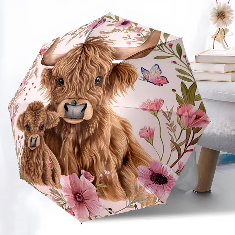 1pc Big Cow and Small Cow Pattern Automatic Umbrella is Fashionable and Good-Looking, a Portable 3-Fold Umbrella, Suitable for Travel and Da