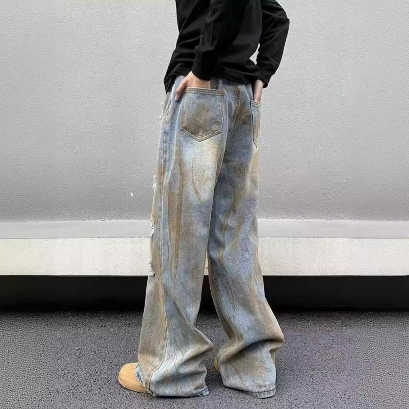 Relaxed Fit Distressed Denim Jeans Men Women Vintage Washed Straight Leg Wide Tapered Pants
