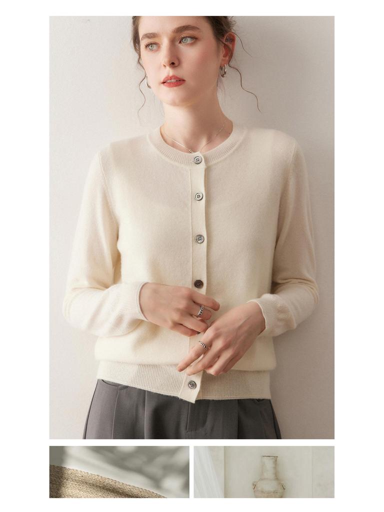Autumn/Winter Pure Cashmere Women's Gray Round Neck Cardigan - Loose Knit Long Sleeve Sweater
