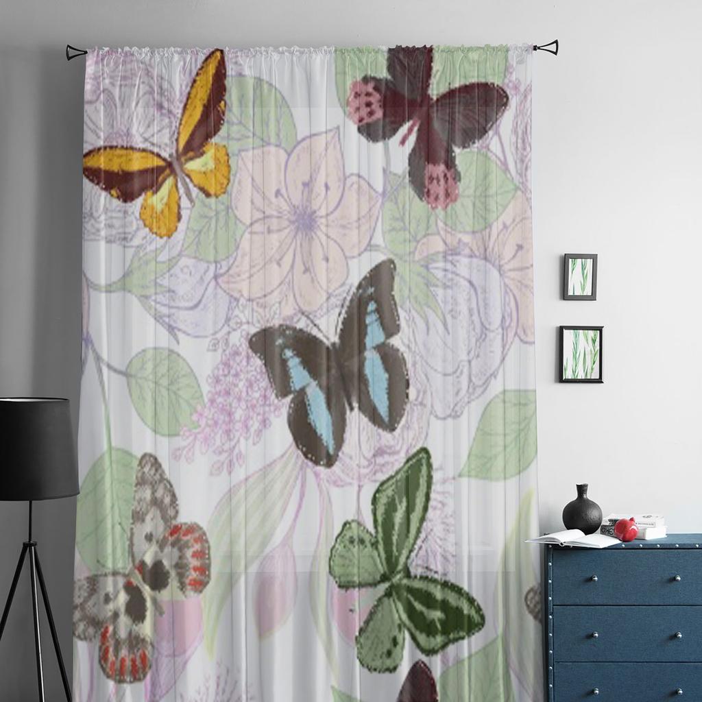 Flowers And Butterflies Tulle Sheer Curtains for Living Room the Room Bedroom Kitchen Decoration Voile Organza Curtains