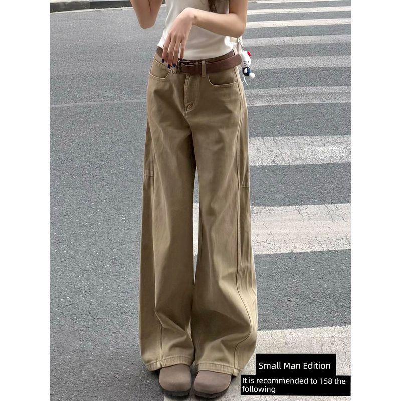 American Retro Khaki Straight-Leg Jeans for Women, New Spring Style for Plus-Size Girls, High-Waisted Loose Fit, Slimming Wide-Leg Pants Khaki, Petite Size S