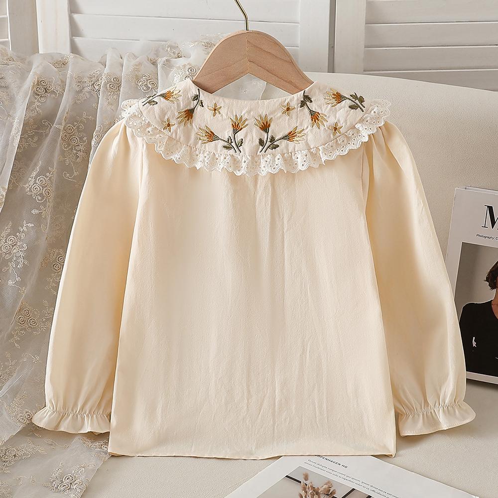 2-8Y Girls 100% Cotton Shirt Floral Embroidery Lace Lapel Puff Long Sleeve Button Down Soft Breathable Children Daily Tops