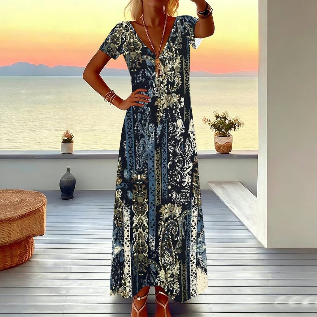 Women Plus Size Short Sleeve V Neck Maxi Dress Warm Camel Leopard Print Loose Summer Vacation Long Dress
