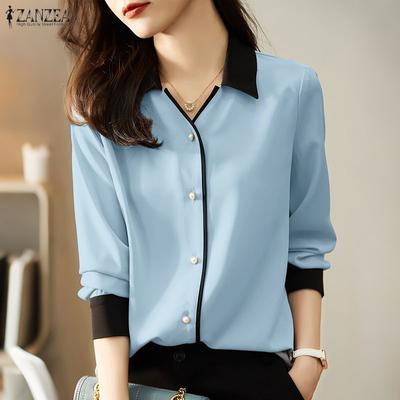 Women Casual Turn Down Collar Long Sleeve Blouse