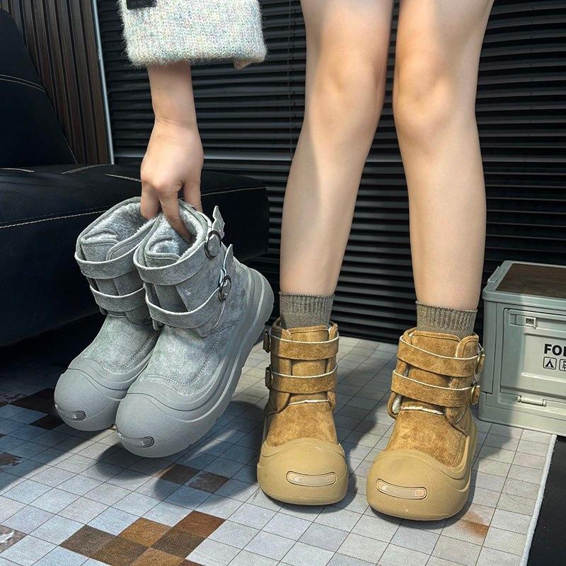 Thick-soled snow boots, new winter velvet thickened warm retro buckle with big head cotton boots