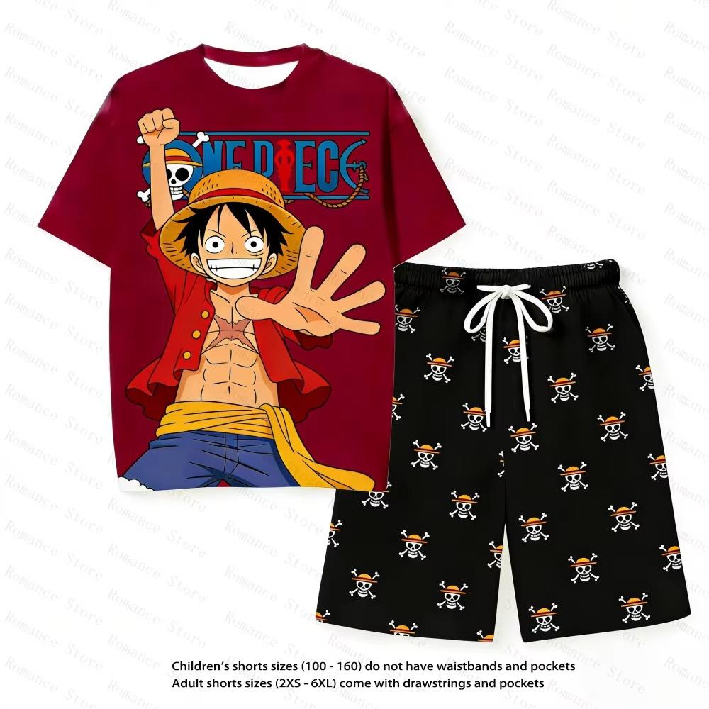 Пижамный набор с Луффи из One Piece для детей, аниме, персонаж с черепом, одежда для сна, мягкая футболка с коротким рукавом и шорты для мужчин, женщин, летний набор 110