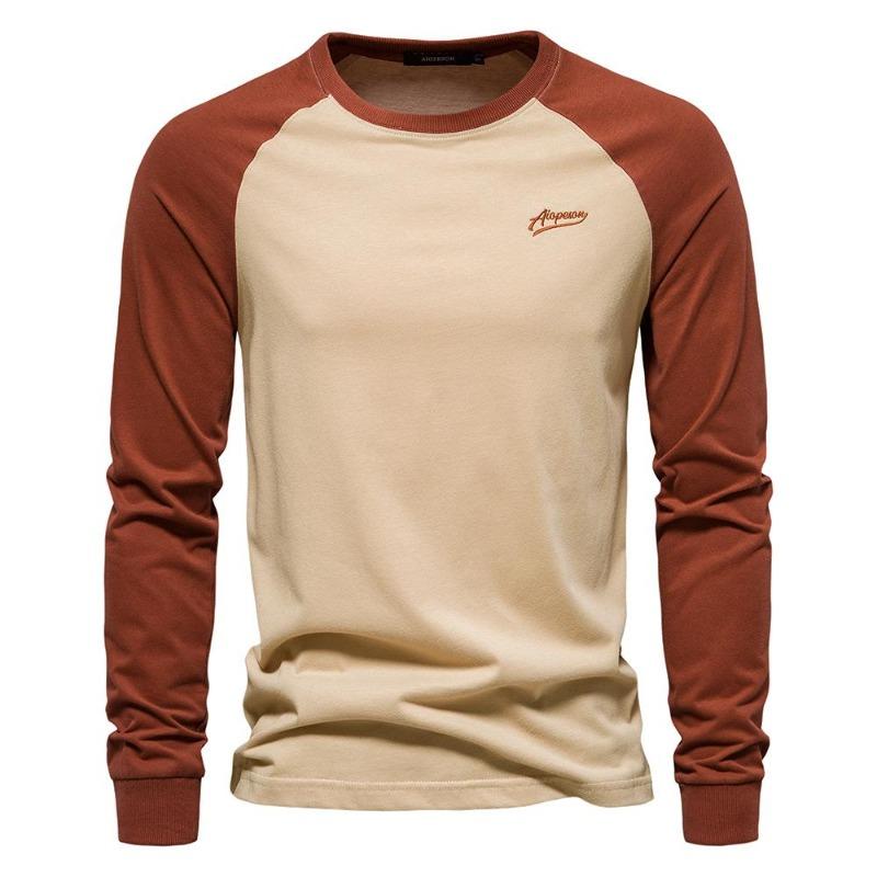 T-shirt da uomo 100% Cotone Manica Lunga Girocollo Patchwork Casual T-shirt per Uomo