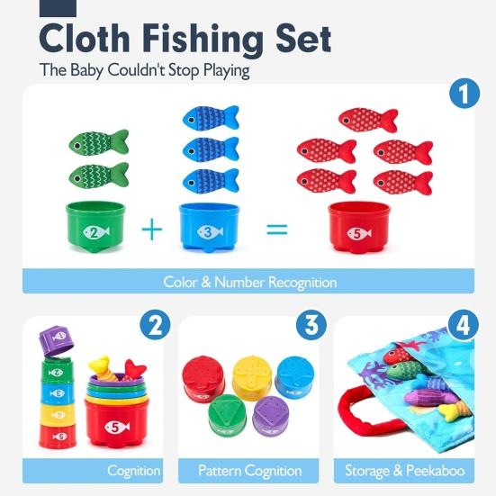 Montessori Fishing Toy for Toddlers Soft Fabric Play Mat with Fish & Stacking Buckets Early Learning Educational Game for Babies 1-3 Years Old
