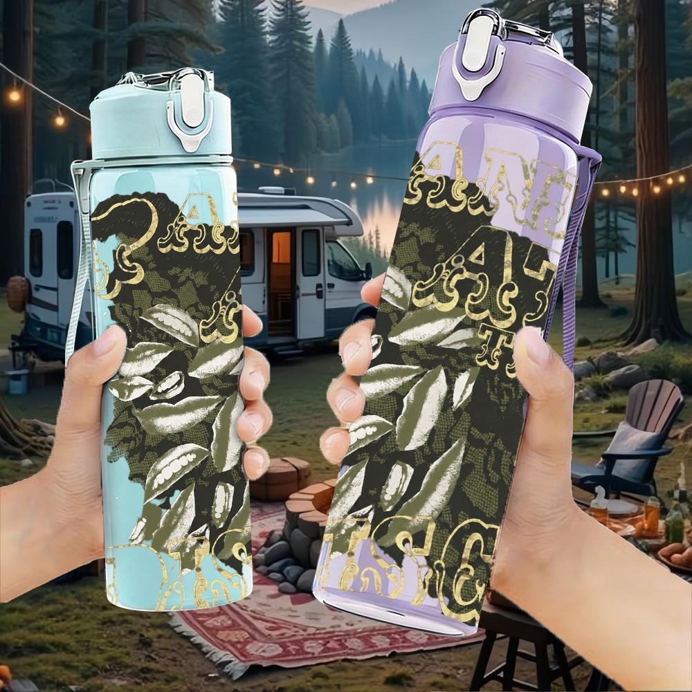 1PC Black Complex Pattern 750ml Sports Water Bottle Leakproof Straw Lid Outdoor Office Home
