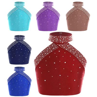 Girls Dance Vest Halter Neck Sleeveless Backless Design Sparkly Rhinestones Cross Back Top