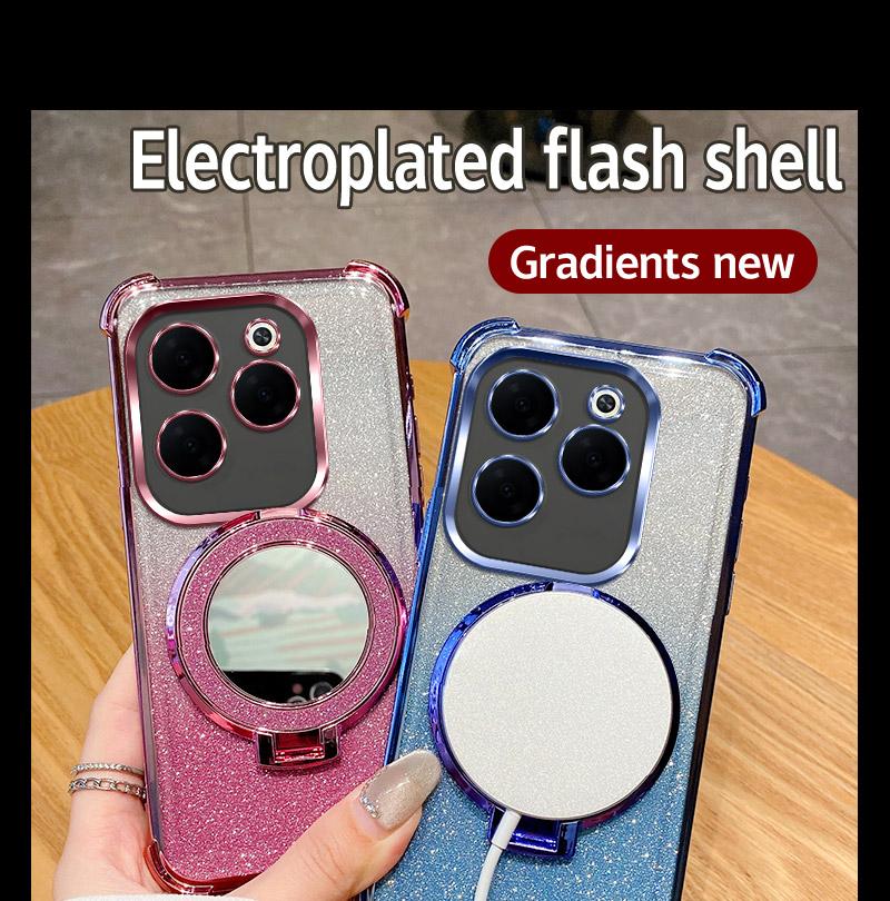 Plating Shockproof Stand Ring Mirror Phone Case For Infinix Hot 40 Pro 30 30i 40i 50i 10S NFC 10 Lite 9 Play Glitter Soft Cover