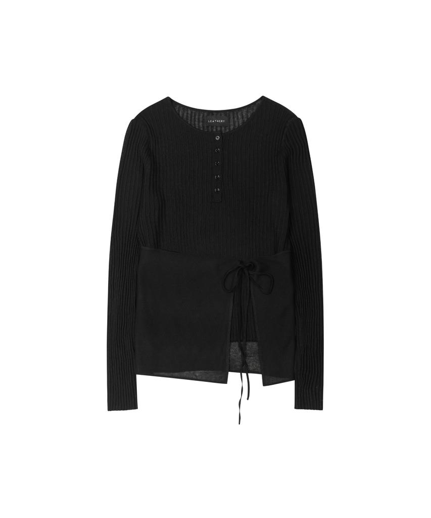 Ledeoli Henley Neck Layered Set Linen Knit Top [Black]