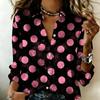 Women Satin Long Sleeve Shirt Big Polka Dot Print Blouse Lapel Single Breasted Loose Office Tops