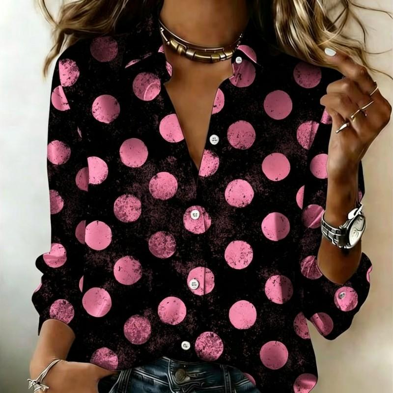 Women Satin Long Sleeve Shirt Big Polka Dot Print Blouse Lapel Single Breasted Loose Office Tops